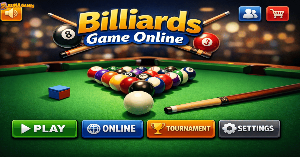 Billiards Game Online feature image showing a modern pool table with colorful balls and play buttons interface