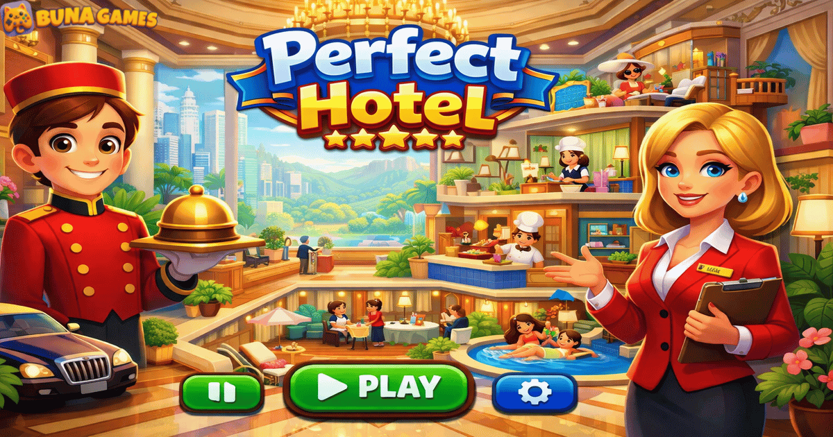 My Perfect Hotel World Trip game image showing a colorful luxury hotel with staff management, guests, and interactive control buttons
